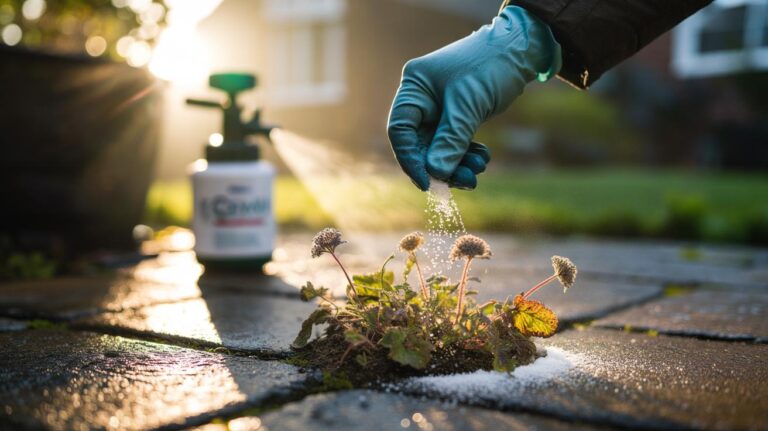 Illustration of salt granules sprinkled on weeds between paving stones for rapid weed control