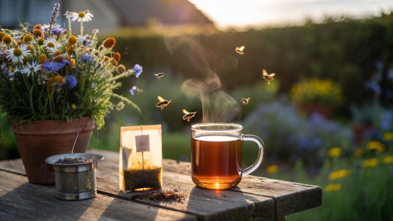 Illustration of a plastic-free tea bag and loose-leaf tea beside a steaming mug, with bees and wildflowers symbolising biodiversity benefits of the swap