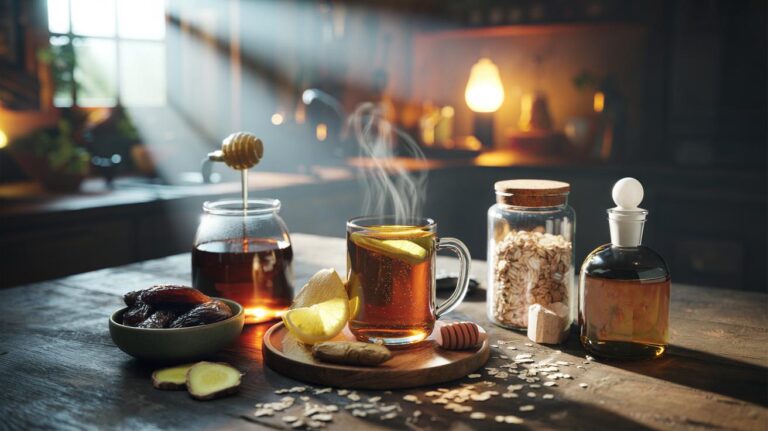 Illustration of vintage home remedies—honey, ginger, oats, prunes, saline rinse, and vinegar—used to support everyday health alongside modern medicine