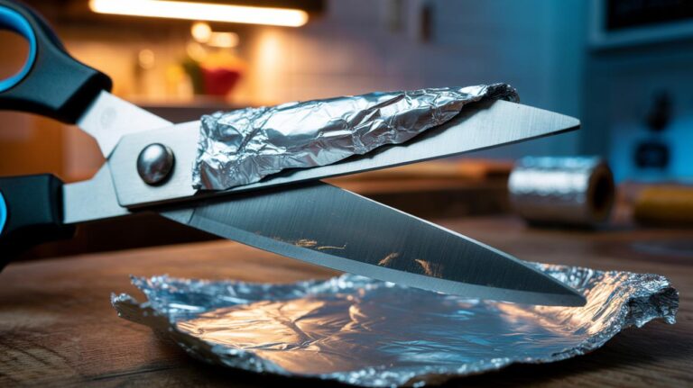 Illustration of a pair of scissors with blades wrapped in folded aluminium foil to sharpen them using friction